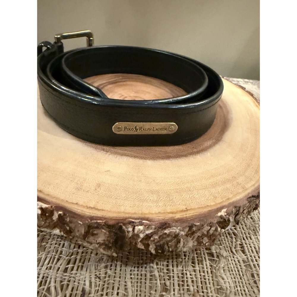 Vintage Polo Ralph Lauren Smooth leather Gold Logo Plate belt black Brass Sz-36
